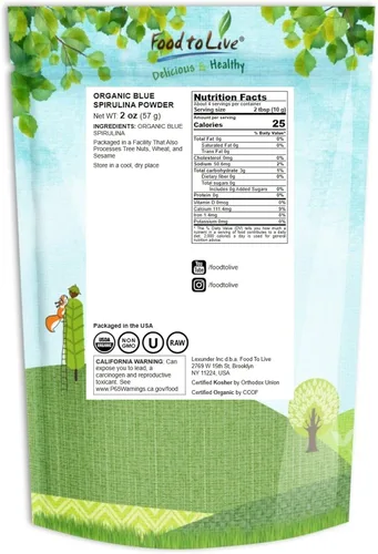 Miniatura 2 de Food to Live Polvo de espirulina azul orgánico, 2 onzas, sin OMG, extracto de algas azul verdoso puro crudo, vegano, no irradiado, ideal para jugos