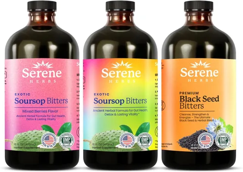 Serene Herbs Líquido amargo de guanábana, bayas mixtas y semillas negras paquete triple – Guanabana de hierbas orgánicas para apoyo digestivo y