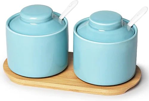 Miniatura 11 de ONTUBE Azucarero de cerámica con tapa y cuchara, juego de 2, caja de condimentos de porcelana con bandeja, 8 onzas (negro)