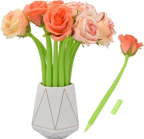 Miniatura 16 de 12 bolígrafos creativos de tinta de gel con flores artificiales, color negro líquido, tinta de gel de 0.020 in, para niñas y mujeres, suministros