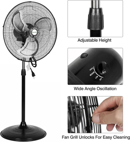 Miniatura 5 de hykolity Ventilador oscilante de pedestal de alta velocidad de 18 pulgadas con 3 velocidades, ventilador de metal resistente de 3850 CFM con aspas