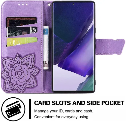 Miniatura 4 de Funda tipo cartera para Samsung Galaxy S22 Ultra 5G, piel sintética de alta calidad con diseño de mariposa en relieve, función atril, ranuras