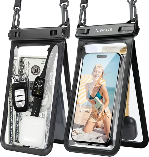 Miniatura 19 de Niveaya Bolsa impermeable para teléfono con doble espacio - 2 unidades, funda impermeable con cordón para iPhone 16/15/14/13/12 Pro Max hasta 8.3