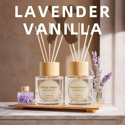 Miniatura 2 de Juego de difusores de varillas Binca Vidou, difusores de aceite esencial natural de lavanda y vainilla con varillas para aromaterapia, decoración