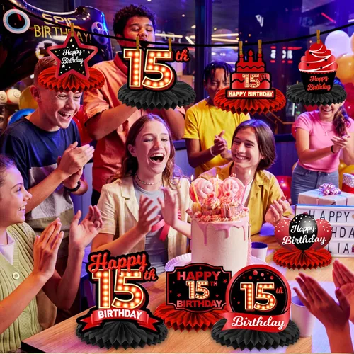 Miniatura 7 de Feliz Cumpleaños 15 Centros de Mesa de Panal Rojo y Negro Globos Decoración Temática de Mesa Decoraciones de Mesa Adornos de Mesa para Niñas Mujeres