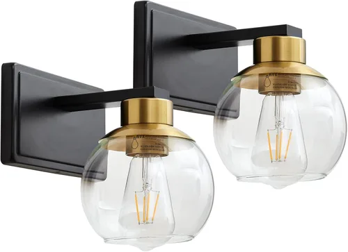 Juego de 2 apliques de baño, apliques de pared negros y dorados juego de dos, luz de tocador de baño con pantalla de vidrio transparente, luminarias
