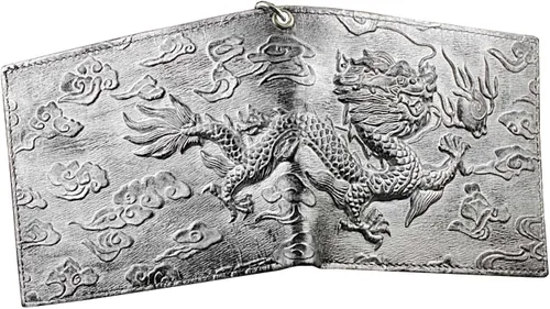 Miniatura 5 de Cartera de cuero gris plateado con cadena para hombre, diseño de dragón vintage, plateado, Vintage