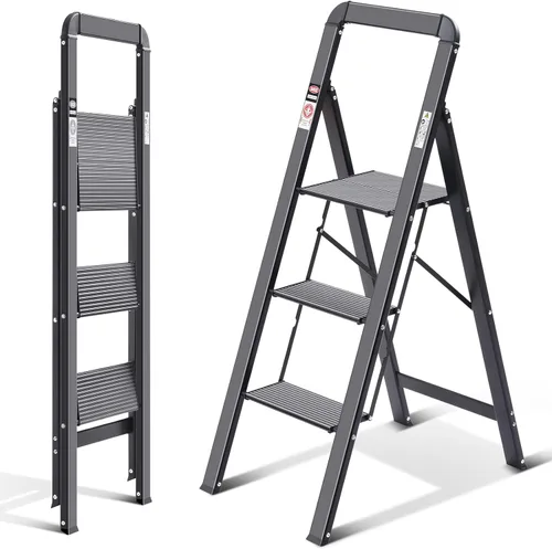 Miniatura 12 de KINGRACK Escalera de escalón, 2 escalones, escalera plegable con pasamanos, escalera antideslizante de seguridad plegable para el hogar, taburete