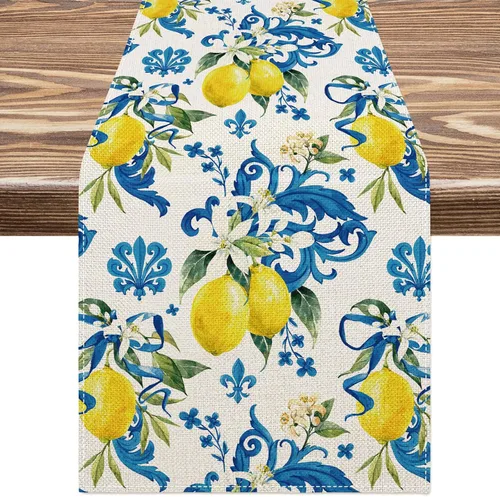 AnyDesign Camino de mesa de limón azul de verano con azulejos amarillos limón para decoración de mesa de cocina, cubierta de mesa italiana vintage