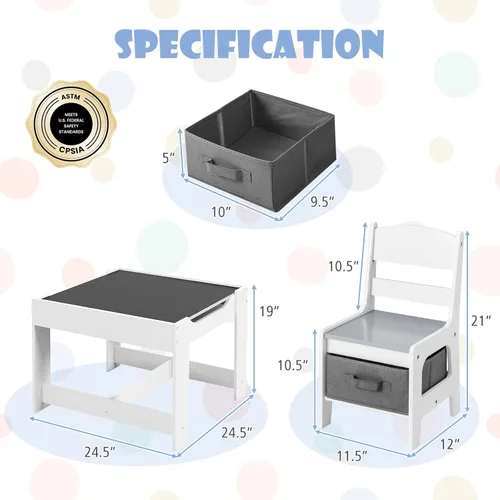 Miniatura 3 de HONEY JOY Mesa y sillas para niños, juego de actividades de madera 3 en 1 con almacenamiento, mesa desmontable, para arte, manualidades, dibujo, Gris