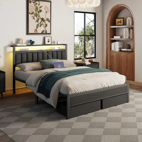 Miniatura 6 de Furnulem Base de cama Queen con estación de carga y luces LED, cabecera tapizada gris con estantes, cama de plataforma de metal con 2 almacenamiento
