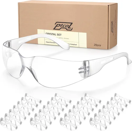 Paquete de 28 gafas de seguridad transparentes (Paquete a granel de 24+4) Gafas protectoras antiarañazos unisex con lente resistente a impactos con