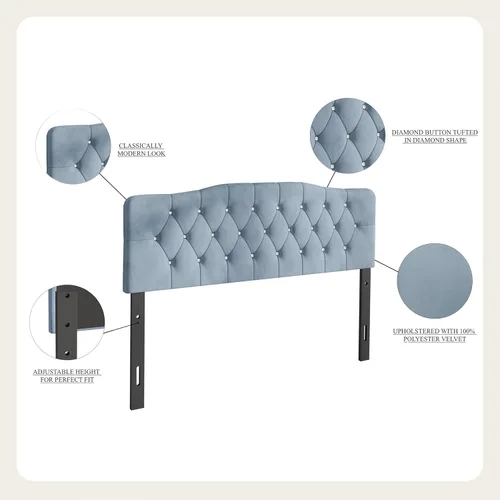 Miniatura 6 de Cabecera tapizada de terciopelo ajustable con botones de diamantes de cristal doble, color azul claro