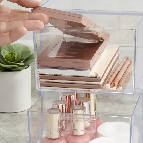 Miniatura 8 de STORi Audrey - Cajones organizadores apilables de plástico transparente Juego de 2 piezas Organiza cosméticos y suministros de belleza en un