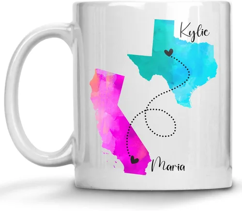 Taza de café personalizada de larga distancia, tazas personalizadas con cita de mejores amigos, Estados con corazones sobre ciudades, añade nombres