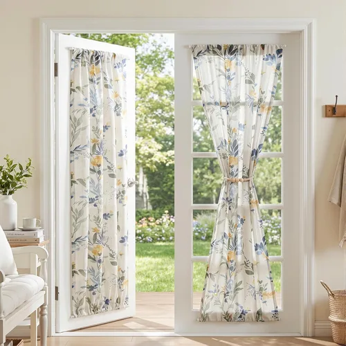 Miniatura 34 de MYSKY HOME Cortinas florales de cocina de 24 pulgadas, cortinas de lino con patrón de flores de granja, bolsillo para barra de filtro de luz aireado