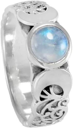 Miniatura 2 de Anillo de plata de ley con triple luna creciente y piedra lunar arcoíris (tallas 4-15)