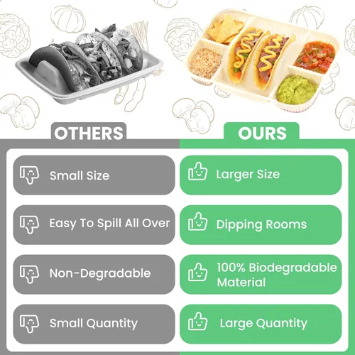 Miniatura 6 de Platos desechables para tacos de 4 compartimentos para 2 tacos y 4 lados, borde elevado extra profundo, almidón de maíz biodegradable, apto