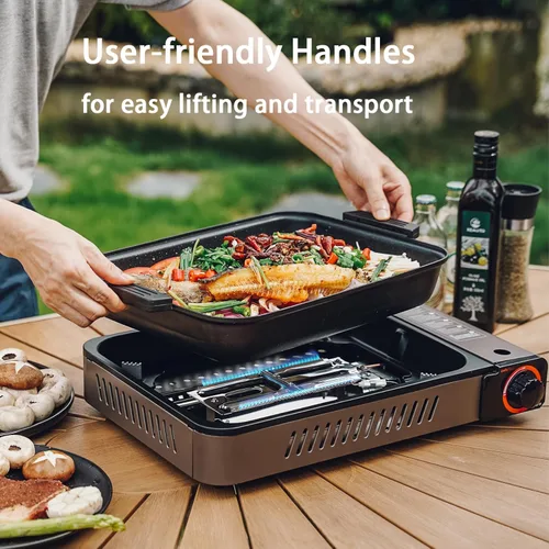 Miniatura 6 de Estufa portátil de gas propano con parrilla y tapa, estufa de camping de butano con encendido instantáneo para patio, cocina en el hogar, camping