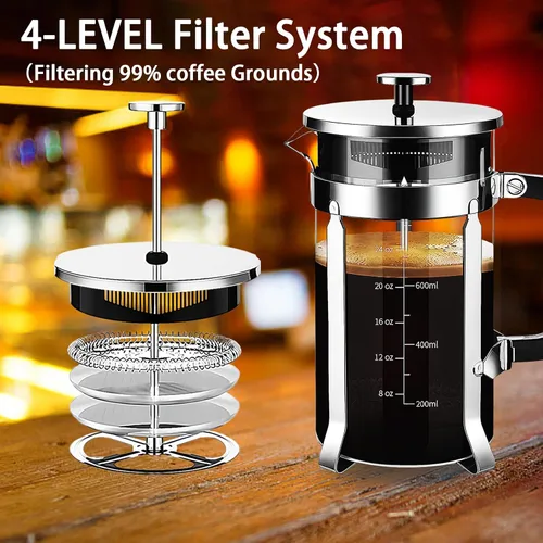 Miniatura 3 de YMMIND Cafetera de Prensa Francesa de Acero Inoxidable 304, Prensa de Café con Sistema de 4 Filtros, Vidrio de Borosilicato Resistente al Calor