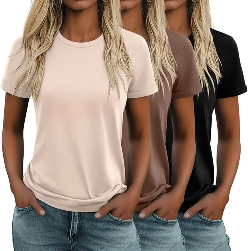 Miniatura 28 de Huukeay Paquete de 3 camisetas de algodón para mujer, estilo casual, de manga corta, cuello redondo, ajuste holgado, básica, lisa