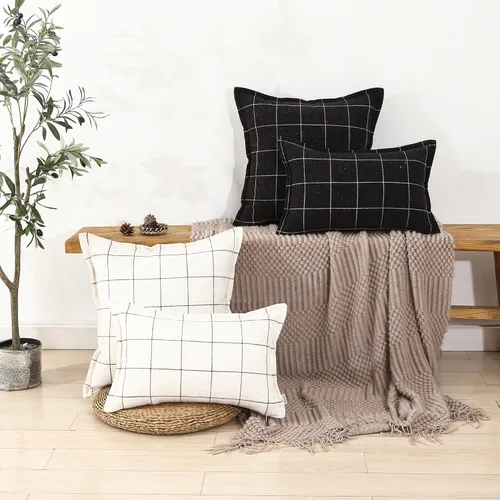 Miniatura 7 de Juego de 2 fundas de almohada de lino a cuadros blancos y negros de estilo bohemio, 16 x 16 pulgadas, color negro