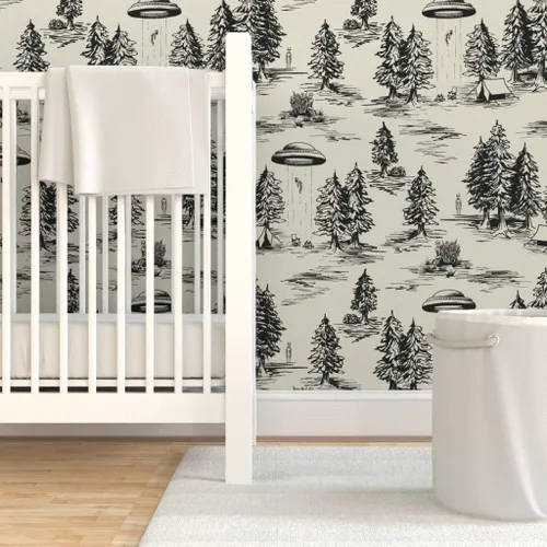 Miniatura 6 de Spoonflower Papel Tapiz Despegar y Pegar Muestra - OVNI Grande Negro Toile De Jouy Abducción Alienígena Espacio Acampada Papel Tapiz Removible