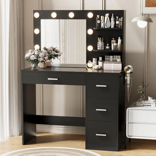 Miniatura 9 de YESHOMY Escritorio de tocador con espejo, 10 luces, toma de corriente y 3 estantes de almacenamiento, mesa de maquillaje con 2 cajones y 1 gabinete
