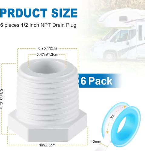 Miniatura 2 de Frienda 6 piezas tapones de drenaje para calentador de agua caliente de RV con cinta, tapón de drenaje NPT de 1/2 pulgada, tapón de drenaje