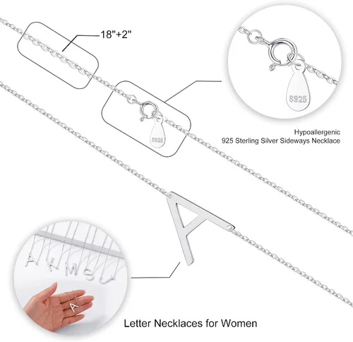 Miniatura 2 de S925 Sterling Silver Sideways Initial Necklaces for Women, Dainty Hypoallergenic Sterling Silver Letter A-Z Pendant Necklace Silver Sideways Initial