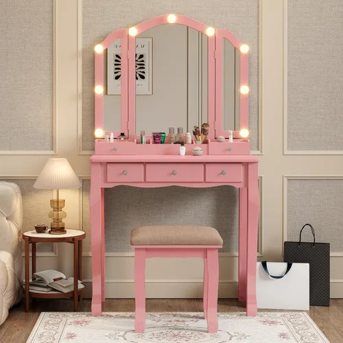 Miniatura 2 de Tocador de maquillaje rosa para niñas, escritorio con espejo y luces, tocador para niñas con luces, juego de tocador de maquillaje tocadores