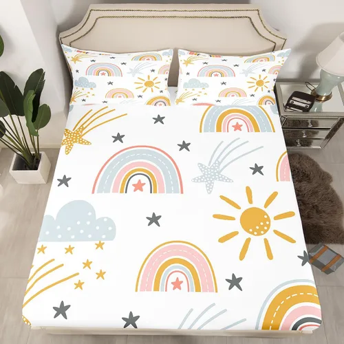 Miniatura 3 de Erosebridal Sábana bajera ajustable de arcoíris para niñas, diseño de sol y estrellas, tamaño matrimonial para niños y niños, juego de ropa de cama