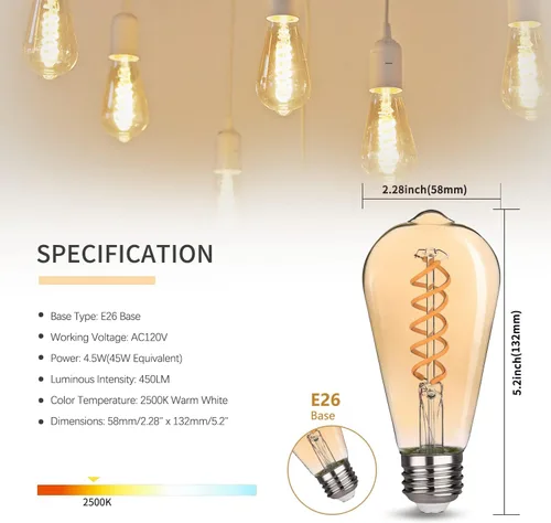 Miniatura 2 de ST19/ST58 Bombilla LED Edison vintage, 4.5 W, blanco cálido 2500 K, bombilla de filamento LED espiral flexible de vidrio ámbar, 450 lm, regulable