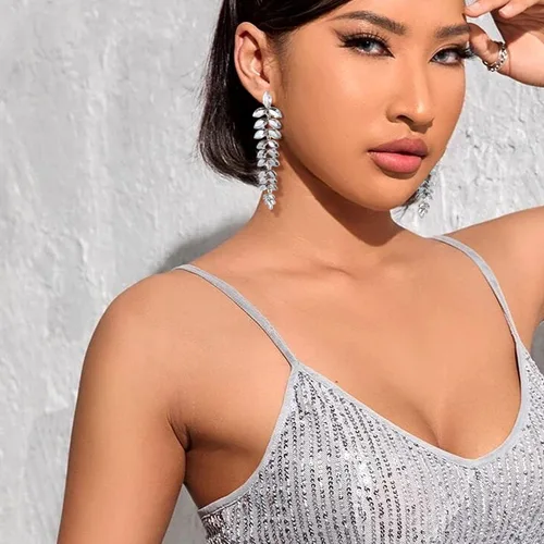 Miniatura 2 de KELMALL Aretes largos de cristal para mujer, aretes colgantes de hoja de diamantes de imitación
