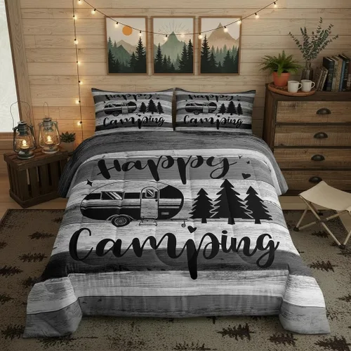 Miniatura 19 de Happy Camping - Juego de edredón de 3 piezas, tamaño Queen, retro, azul, rojo, blanco, rayas de madera, para niños, adolescentes, adultos, Multi 19