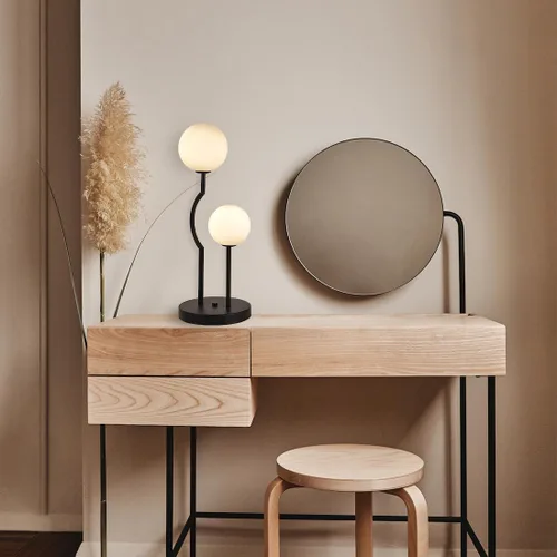 Miniatura 7 de Lámpara de mesa de globo negro de mediados de siglo industrial retro con 2 luces orbiculares de escritorio con globo de vidrio blanco para mesita