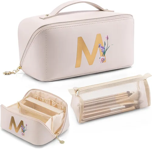 Miniatura 17 de Vlando Bolsa de maquillaje de viaje, neceser para mujer, piel sintética, abierta, plana, bolsa de maquillaje, Clásico elegante