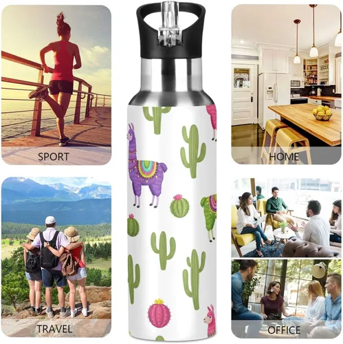 Miniatura 5 de Insulated Stainless Steel Water Bottle with Straw 20 Oz, Leakproof Water Bottles for Gym Outdoor Travel School, Colorful Llamas Cactus Cute