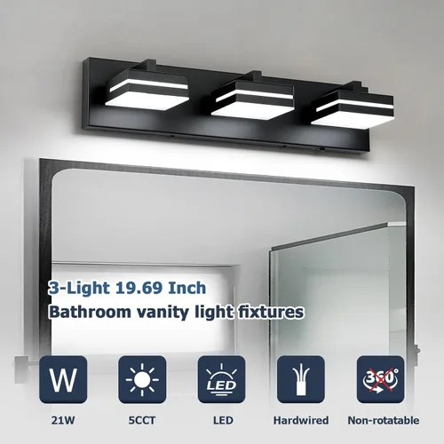 Miniatura 7 de Joossnwell Luces negras de tocador para baño, regulables, 5CCT (3 luces, 19.69 pulgadas), modernas lámparas de baño sobre espejo LED para tocador
