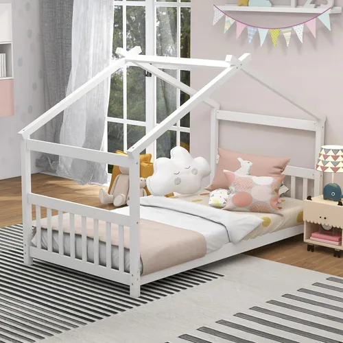 Miniatura 9 de KOMFOTT Cama de Casa de Madera Twin para Niños, Marco de Cama de Piso de Perfil Bajo con Techo, Cabecera y Pie de Cama para Niños y Niñas, No