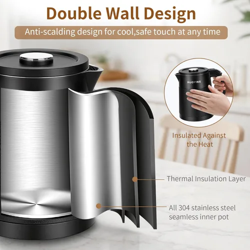 Miniatura 3 de Hervidor eléctrico pequeño de 0.8L, caldera de agua portátil de acero inoxidable de doble pared de viaje, tanque interno sin costuras de grado