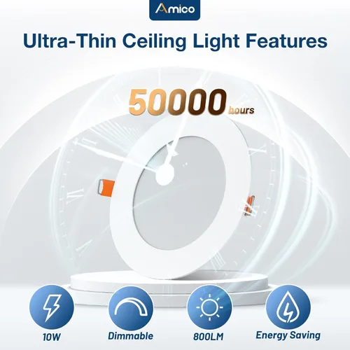Miniatura 2 de Amico paquete de 6 luces de techo empotrables ultrafinas de 4 pulgadas, 5 CCT, regulables, con caja de conexiones, 2700K/3000K/3500K/4000K/5000K