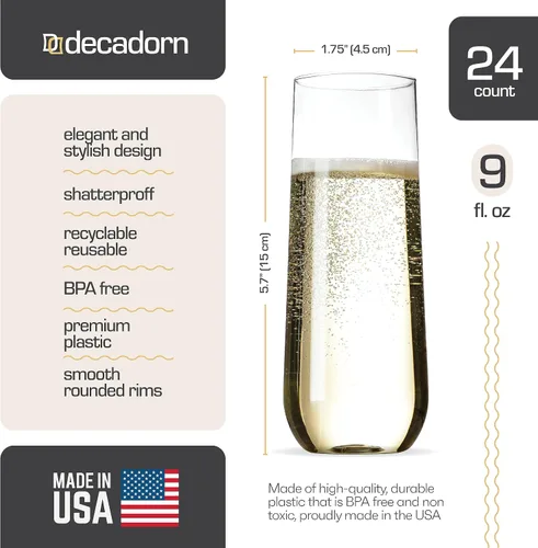 Miniatura 3 de DECADORN Copas de champán transparentes sin tallo de plástico, 24 unidades, copas de champán de plástico de 9 onzas, vasos de mimosa duraderos