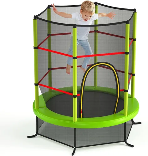 GYMAX Trampolín de 55 pulgadas para niños, trampolín aprobado por ASTM con red de seguridad completa y cremallera lateral doble, mini trampolín de
