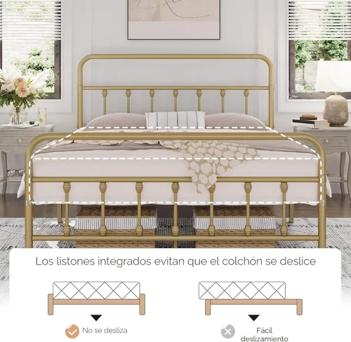 Miniatura 4 de Yaheetech Base de cama clásica de metal con base de colchón con estilo victoriano, cabecera, estribo, debajo de la cama, no necesita somier