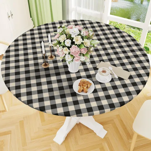 Miniatura 24 de Smiry - Mantel redondo de picnic de vinilo elástico impermeable con respaldo de franela, mantel de vinilo ajustable para mesas de 31-35 pulgadas