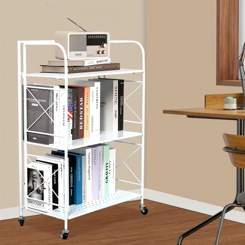Estantería plegable de metal de 3 niveles con ruedas, estantería plegable para sala de estar, cocina, estudio, 12.6 pulgadas de profundidad x 23.6