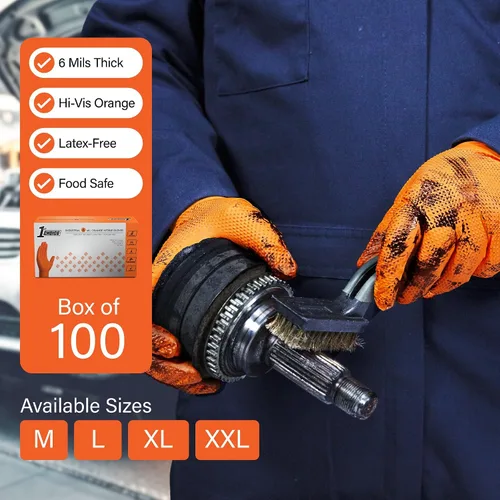 Miniatura 2 de 1st Choice Guantes de mecánico de 6 mil, guantes de nitrilo desechables sin látex, caja grande de 100 guantes desechables de nitrilo naranja