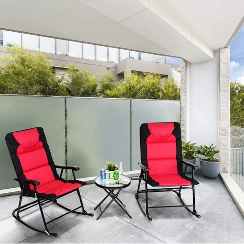 Miniatura 2 de RELAX4LIFE Bistro - Juego de 3 piezas con 2 mecedoras plegables y 1 mesa de cristal para balcón, sillas de patio al aire libre y juego de mesa (rojo)