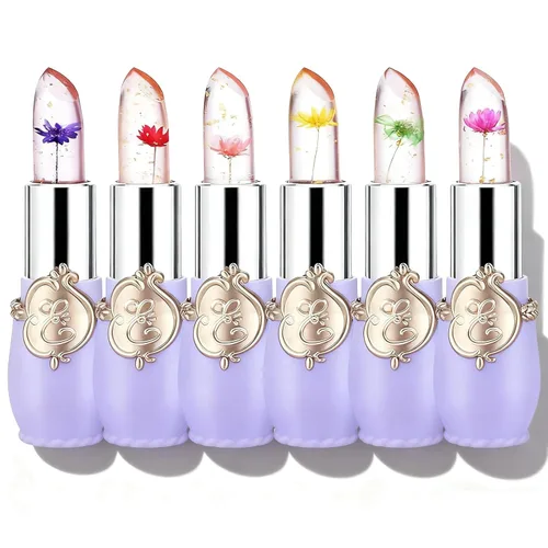 Miniatura 11 de Paquete de 6 lápices labiales de gelatina de flores de cristal, bálsamo labial nutritivo de larga duración, hidratante mágico que cambia